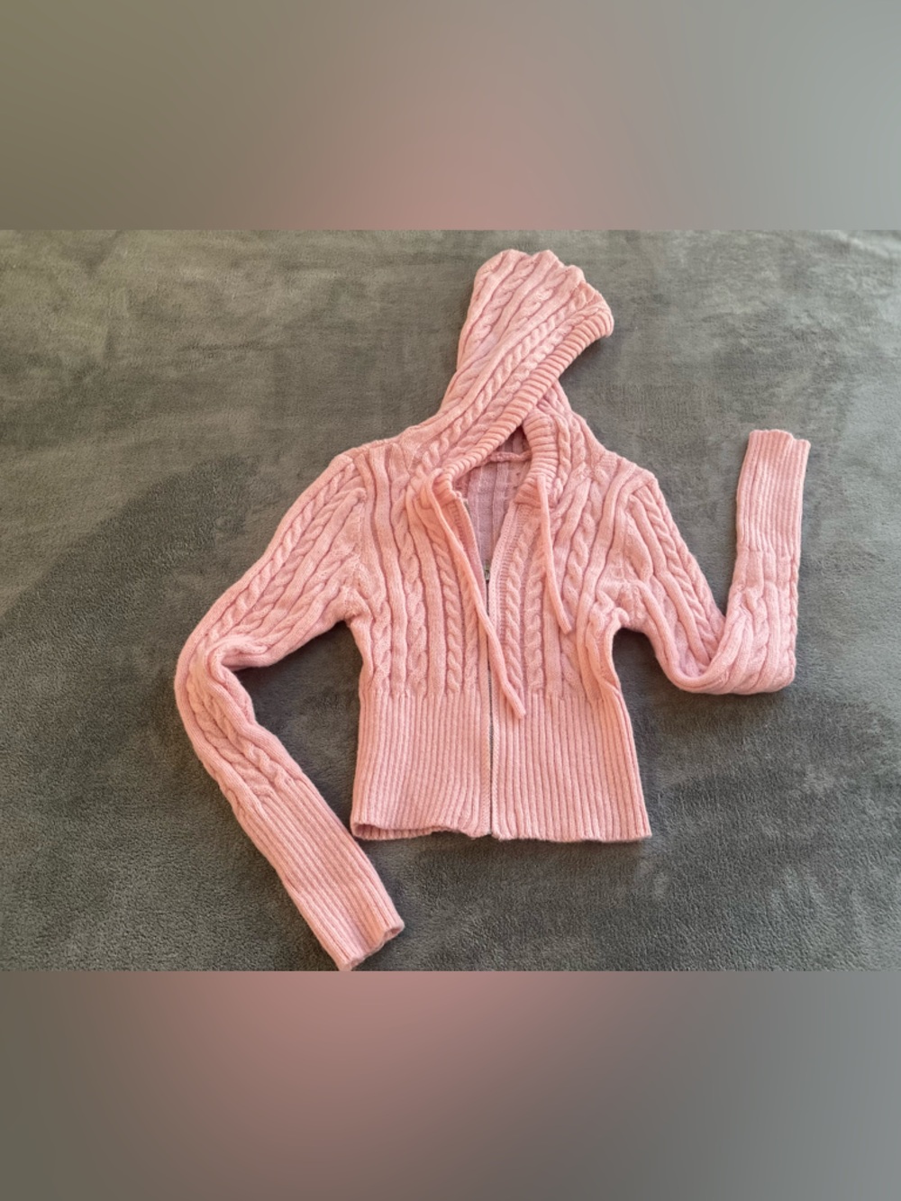 Pink Cable Knit Cropped Zip Hoodie Cardigan Small - Picture 12 of 14